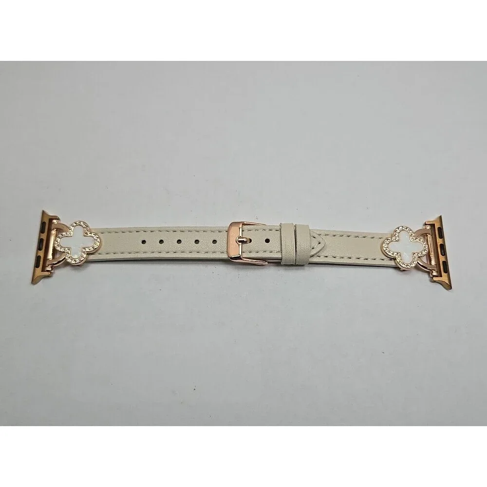 BCBG Apple Watch Cream Band White Clover Rhinestone 38 40 41mm Rose Gold Tone